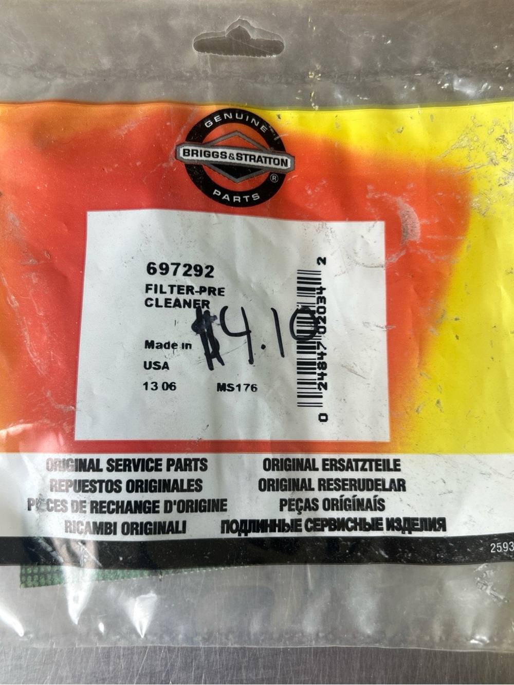 New OEM Briggs & Stratton 697292 Filter Pre-Cleaner Factory Sealed Package